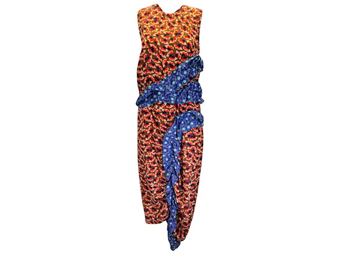 Marni Rouge / Robe mi-longue en crêpe de soie sans manches à imprimé Metropolis bleu Multicolore  ref.937384
