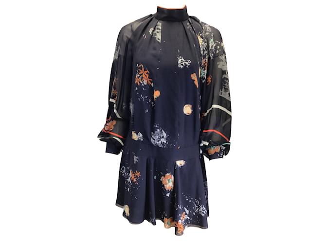 Erdem Black Floral Printed Long Sleeved Silk Chiffon Dress Blue  ref.937440