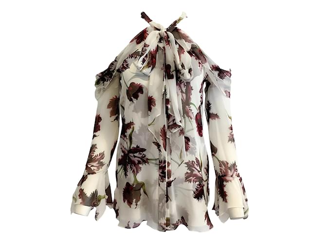 ERDEM White Cold Shoulder Floral Print Blouse Silk  ref.937442