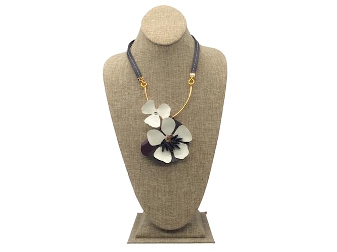 Marni Ivory / Brown Crystal Embellished Floral Pendant Statement Necklace Cream Leather  ref.937490