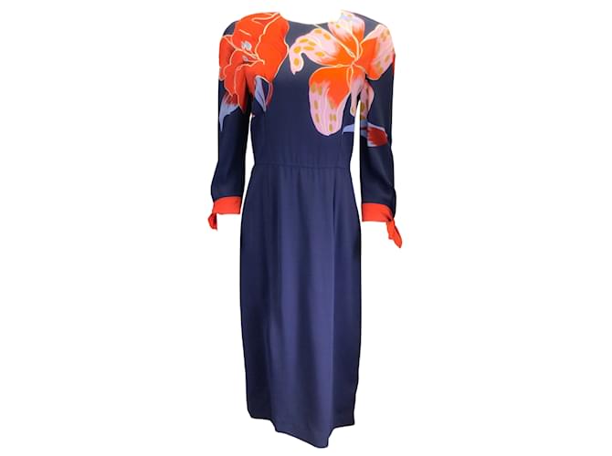 Etro azul marino / Vestido de crepé de manga larga con estampado floral coral Viscosa  ref.937523