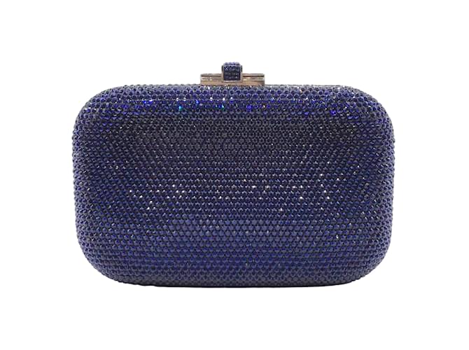 Judith Leiber Box Slide Lock Rounded Blue Crystal Clutch Leather  ref.937583