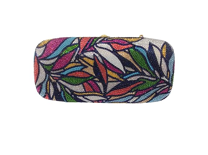Bolso clutch de noche con diseño de hojas adornadas con cristales multicolores de Judith Leiber Metal  ref.937587