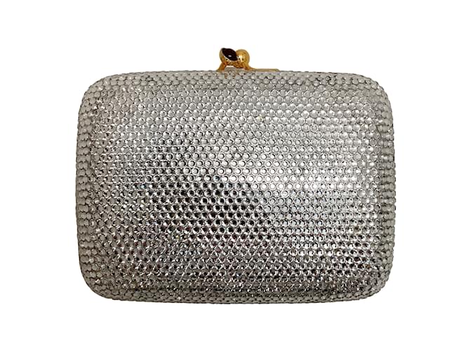 Judith Leiber Small Silver Crystal Embellished Minaudière Clutch Silvery Leather  ref.937591