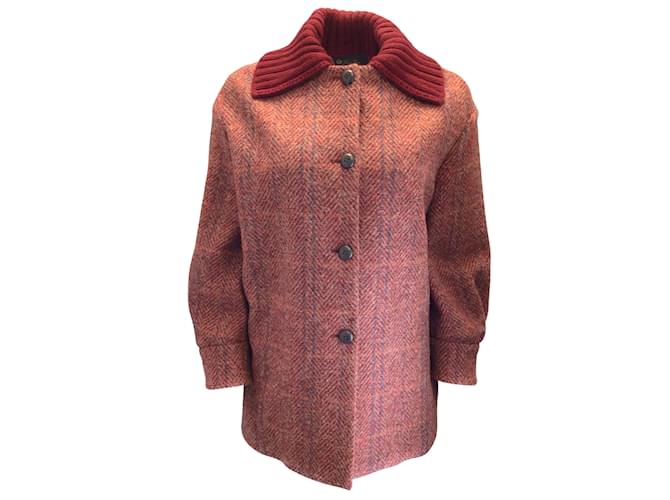 Loro Piana Red Multi Ribbed Knit Collar Calfskin Leather Buttoned Cashmere Jacket Wool  ref.937597