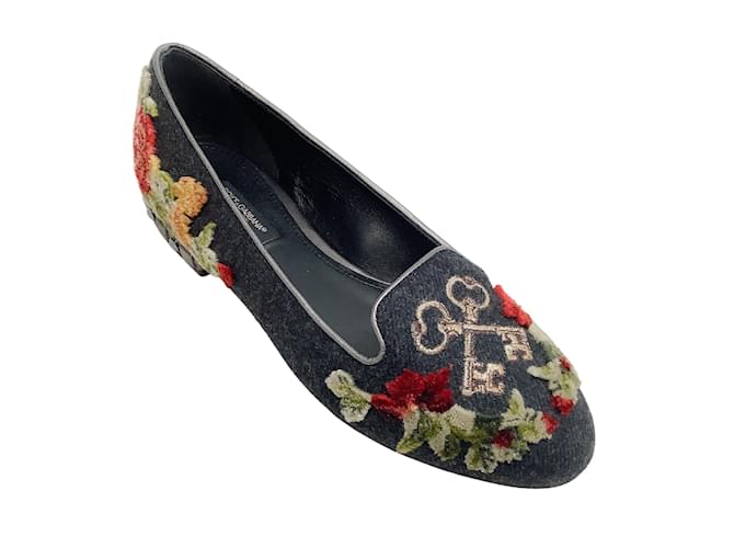 Dolce & Gabbana Grauer Flanell-Samt mit Blumenmuster und Key Flats Leinwand  ref.937676