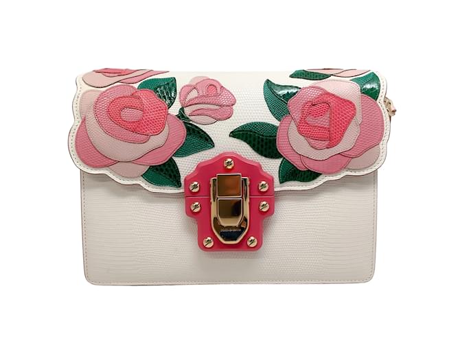 Bolsa de ombro de couro Dolce & Gabbana Rosas Rosa Lúcia Marfim Pele de Lagarto Couros exóticos  ref.937682