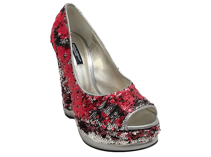 Dolce & Gabbana Red / Silver Sequined Peep Toe Platform Pumps Leather  ref.937684