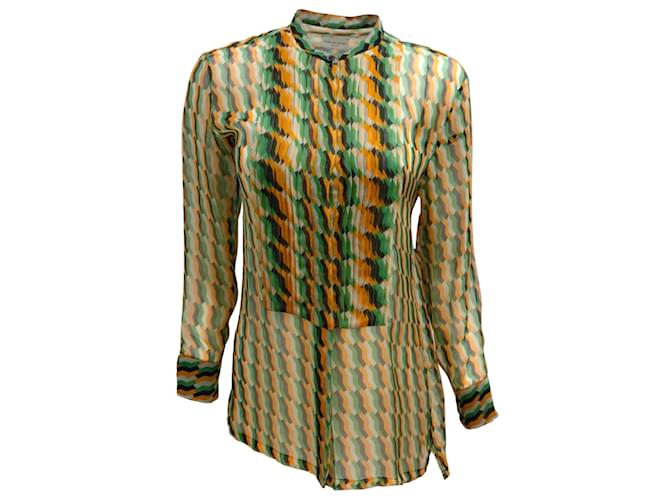 Dries van Noten Green / Orange Geometric Printed Pleated Detail Long Sleeved Button-down Sheer Silk Blouse  ref.937713