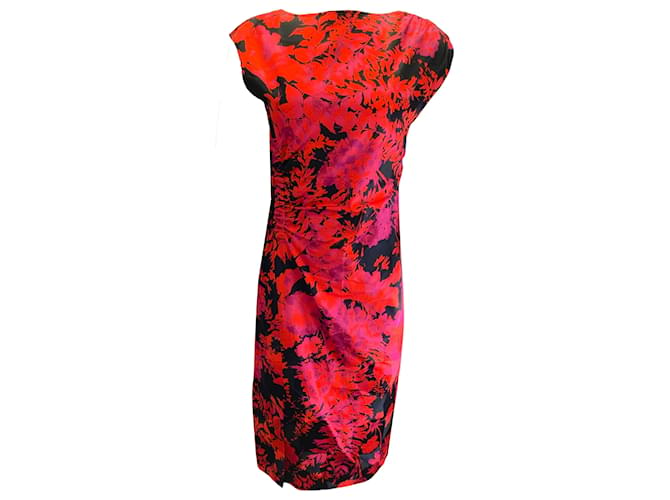 Dries van Noten rojo amapola / rosado / Vestido recto a media pierna con estampado floral fruncido y fruncido Deto negro Multicolor Viscosa  ref.937726