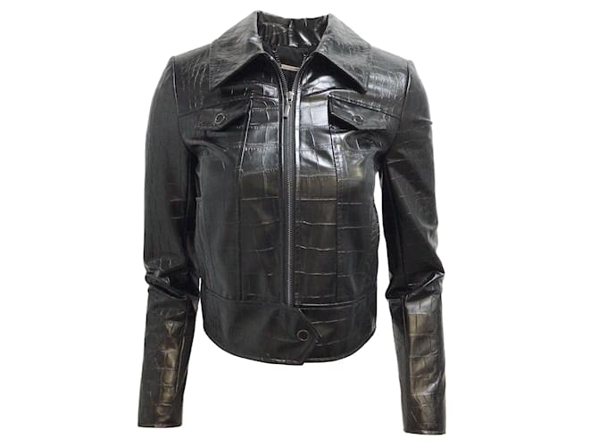 Elie Tahari Noir Jagger Full Zip Croc Embossed Faux Leather Jacket Synthétique  ref.937748