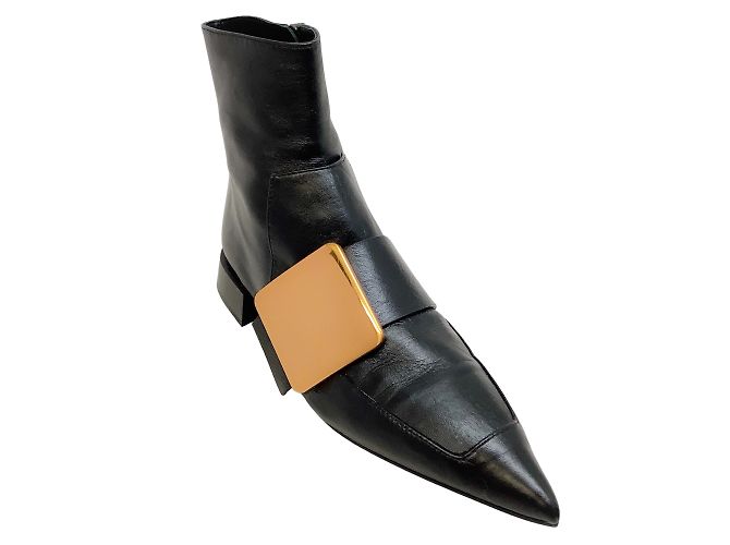 Jil Sander Black Leather Pointy Toe Gold Buckle Booties