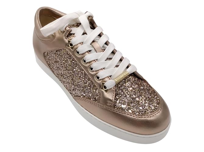 Jimmy Choo Bronze Metallic Miami Coarse Glitter Lace-Up Low Top Leather Sneakers in Ballet Pink  ref.937780