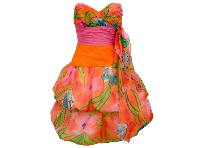 Autre Marque Lawrence Vintage Orange / Pink Multi Floral Strapless Dress Silk  ref.937824
