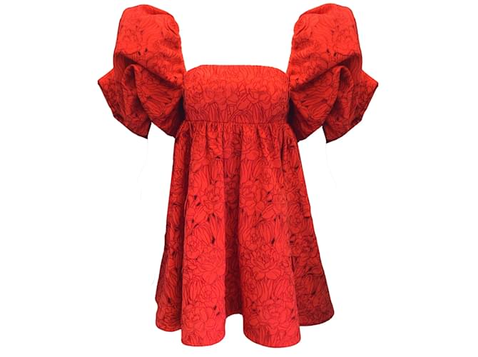 Autre Marque Leo Lin Scarlet Red Eloise Puff Sleeved Embroidered Mini Dress Cotton  ref.937849