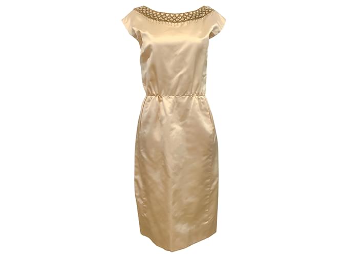 Autre Marque Lillie Rubin Champagne Silk Vintage Dress with Beaded Neckline Beige  ref.937852