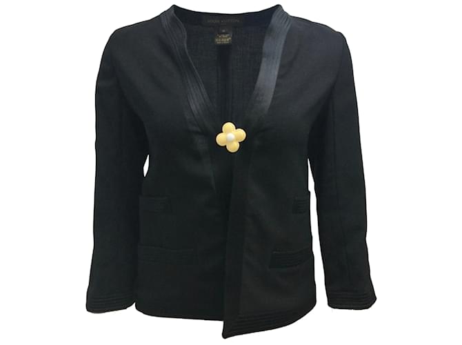 Louis Vuitton Black / Blazer con ribete de seda con botones florales amarillos Negro Lana  ref.937884