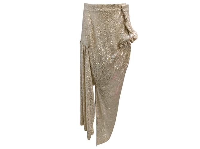 Autre Marque Meryll Rogge Silver Sequined Asymmetrical Hem Draped Tulle Midi Skirt Silvery Polyester  ref.937929