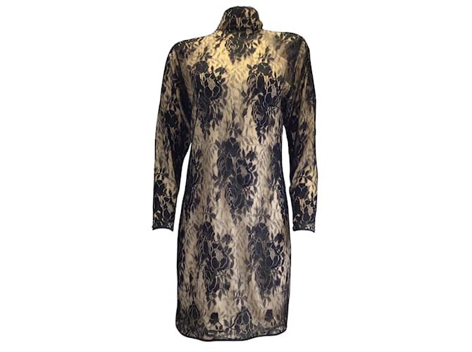 Valentino Garavani Valentino Vintage Beige and Black Long Sleeved High Neck Lace Dress Synthetic  ref.937939