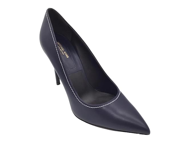 Colección Michael Kors Azul Marino / Zapatos de tacón de cuero con punta en punta y costuras en contraste en blanco  ref.937991