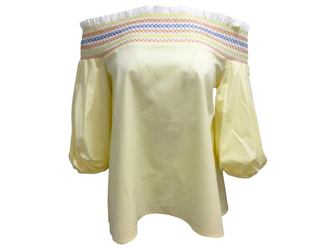 Peter Pilotto Yellow Embroidered Smocked Detail Ruffled Trim Puff Sleeved Off-the-shoulder Blouse Cotton  ref.938001