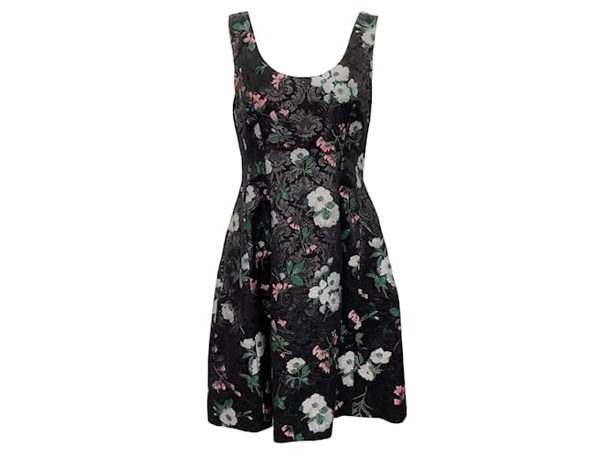 Prabal Gurung Black Multi Floral Sleeveless Brocade Skater Dress