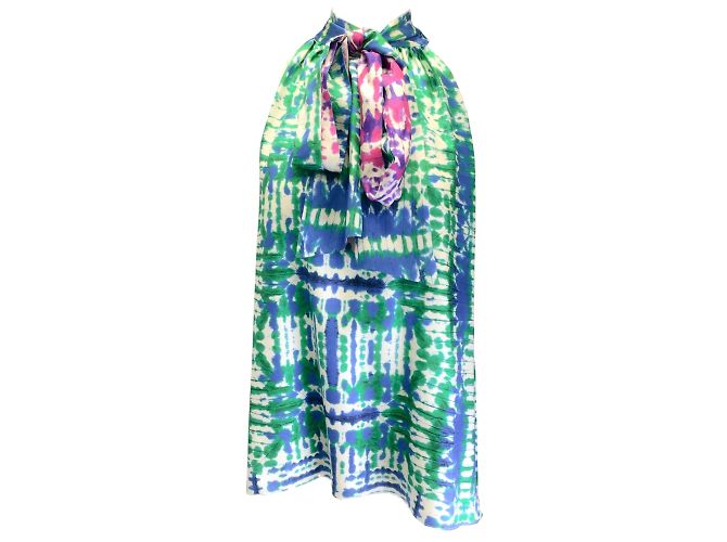 Prabal Gurung Blue / Green Multi Printed Tie-Neck Sleeveless Silk Top Multiple colors