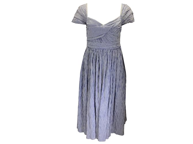 Prabal Gurung Indigo / White Striped Short Sleeved Ruched A-Line Midi Dress Blue Polyester  ref.938037