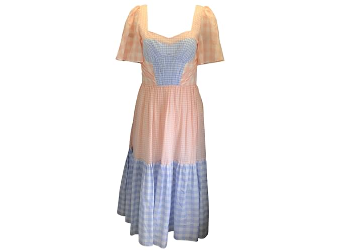 Prabal Gurung Pink / Blue Short Sleeved Gingham Midi Dress Cotton  ref.938039