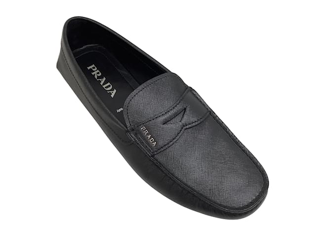 Prada Black Saffiano Mocassins Penny Driving pour hommes Cuir Noir  ref.938057