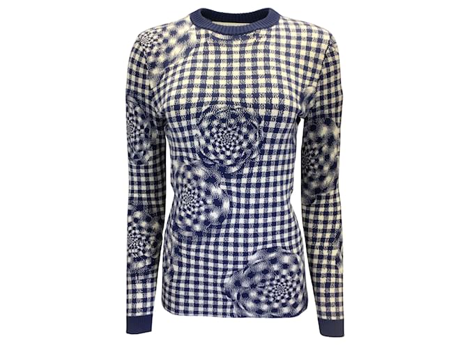Autre Marque Brandon Maxwell Navy Blue / White Floral Gingham Long Sleeved Wool Crewneck Sweater  ref.938093