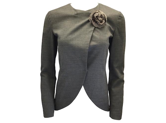 Brunello Cucinelli cinza carvão broche floral shearling blazer de lã  ref.938110