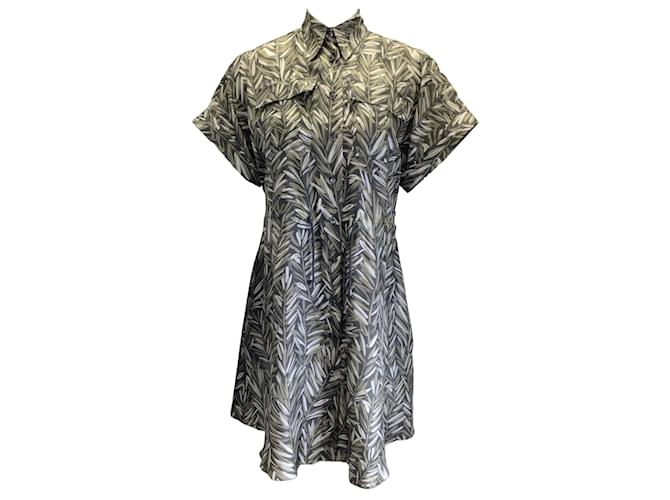 Brunello Cucinelli Olive Green / Grey Printed Short Sleeved Silk Safari Dress  ref.938125