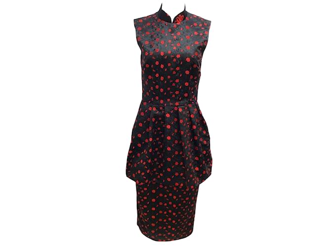 Simone Rocha Black and Red Floral Embroidered Sleeveless Satin Dress Polyester  ref.938139