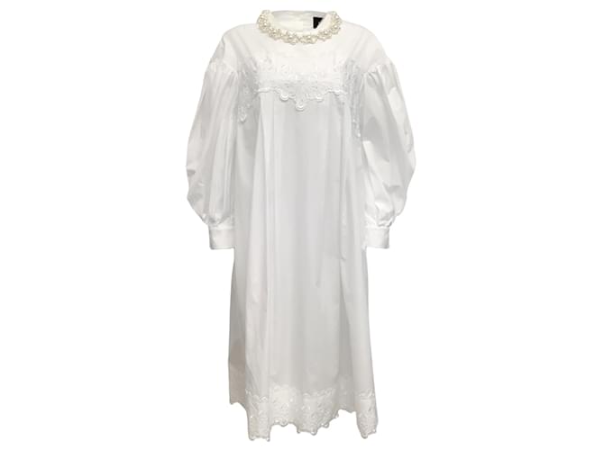 Simone Rocha White Cotton Long Puff Sleeve Dress with Pearl Detail  ref.938154
