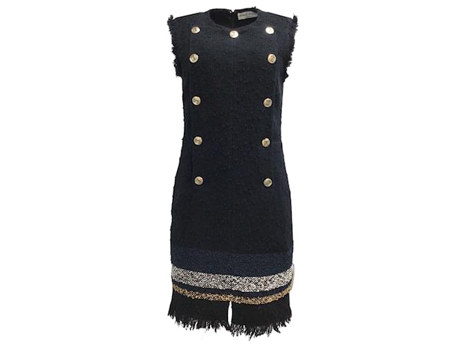 Sonia Rykiel Navy Blue Fringed Trim Sleeveless Boucle Knit Tweed Work/Office Dress Cotton  ref.938166