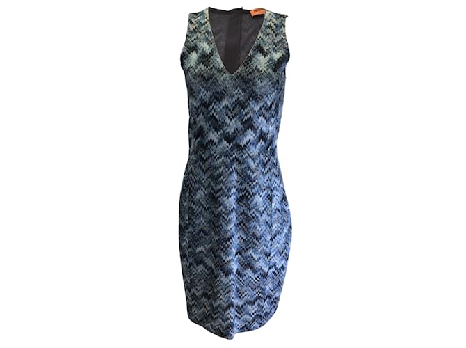 Missoni Blue Multi Chevron Patterned Sleeveless V-Neck Knit Dress Viscose  ref.938231