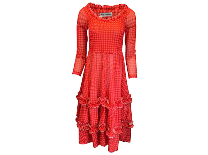 Autre Marque Molly Goddard Red / Pink Long Sleeved Gingham Mesh Midi Dress Synthetic  ref.938254