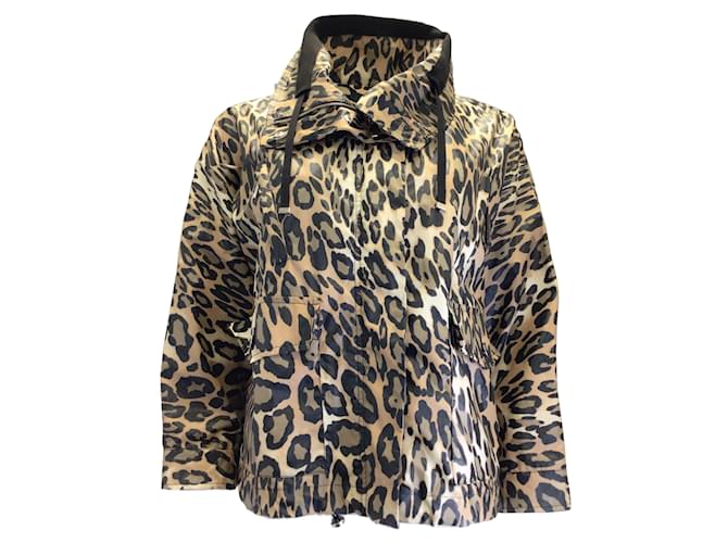 Moncler Tan / Black 'Ivoire' Leopard Printed Full Zip Jacket Camel Cotton  ref.938257