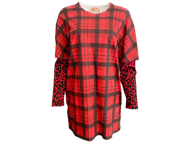 N°21 Red Plaid & Leopard Print Layered Tee Shirt Cotton  ref.938318