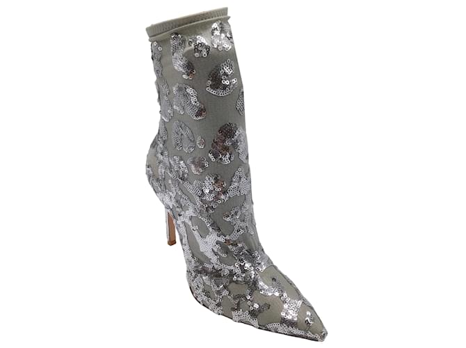 Gianvito Rossi Silver Metallic Daze Sequined Stretch High Heeled Ankle Boots/Booties Silvery Polyester  ref.938333