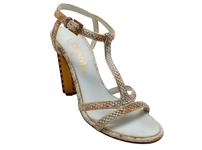 Chanel beige / Light Blue Snake T Strap Sandals Exotic leather  ref.938361