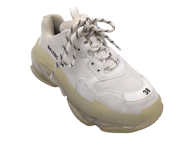 Balenciaga White / Clear Sole Mesh and Leather Triple S Sneakers