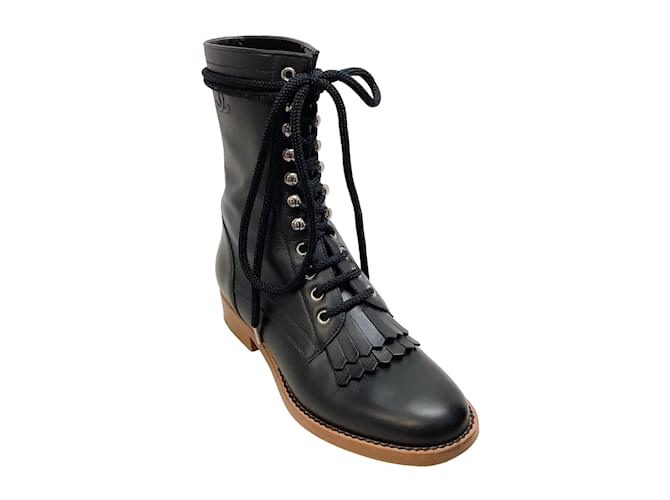 Botas de combate de couro preto Chanel com detalhes Brogue/botas  ref.938420