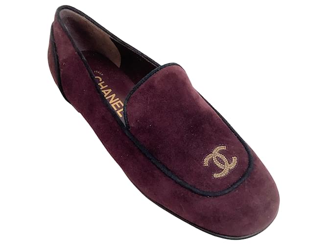 Chanel Burgundy Suede Loafers with Gold Embroidered Logo