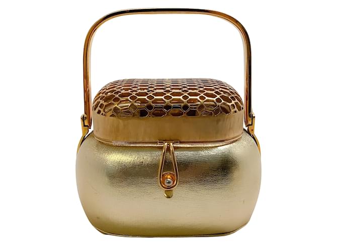 Judith Leiber Vintage Gold Leather Evening Bag with Metal Mesh Top Golden  ref.938430