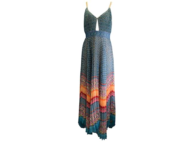 Autre Marque Alice + Olivia Turquoise Multi Gloria Chain-Strap Sunshower Stripe Multi Print Maxi Dress Multiple colors Polyester  ref.938460