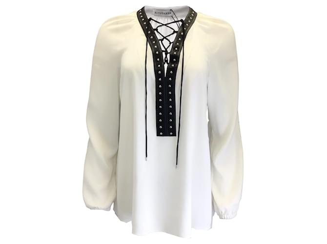 Altuzarra Ivory / Black Studded Lace-Up Crepe Top Cream Polyester  ref.938466