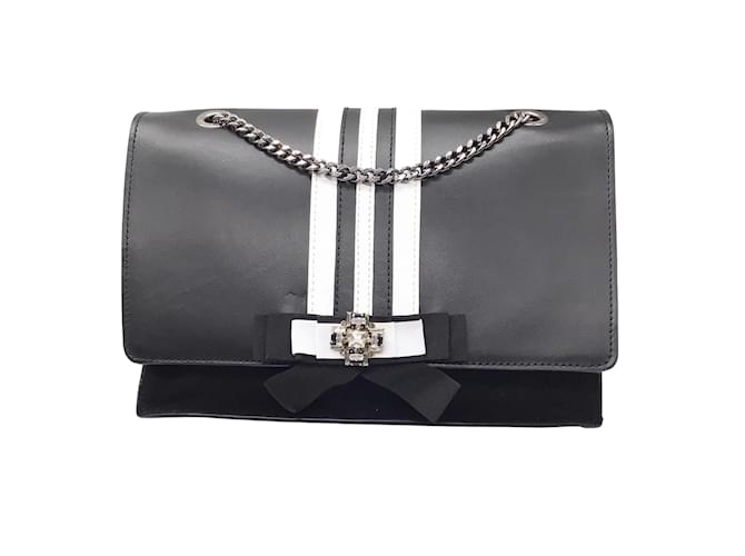 Anne Fontaine Black / White Onight Crystal Embellished Calfksin Leather and Suede Shoulder Bag  ref.938483