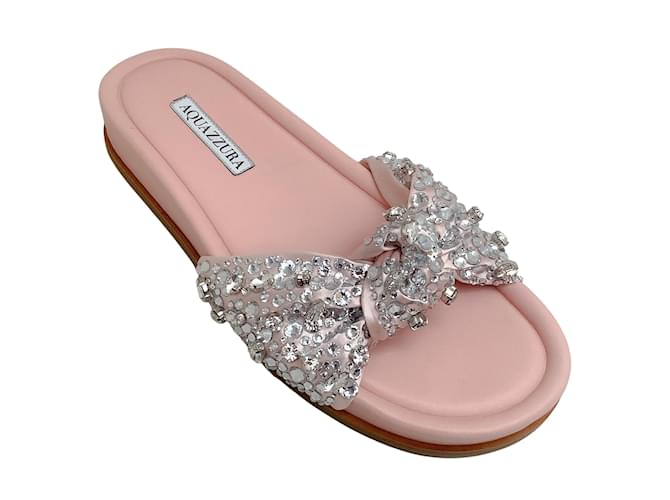 Aquazzura Blush Satin Asja Crystal Slide Sandals Pink Cloth  ref.938492